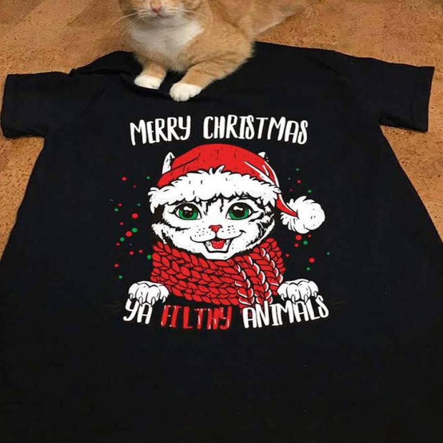 Love cat merry christmas ya filthy animals shirt