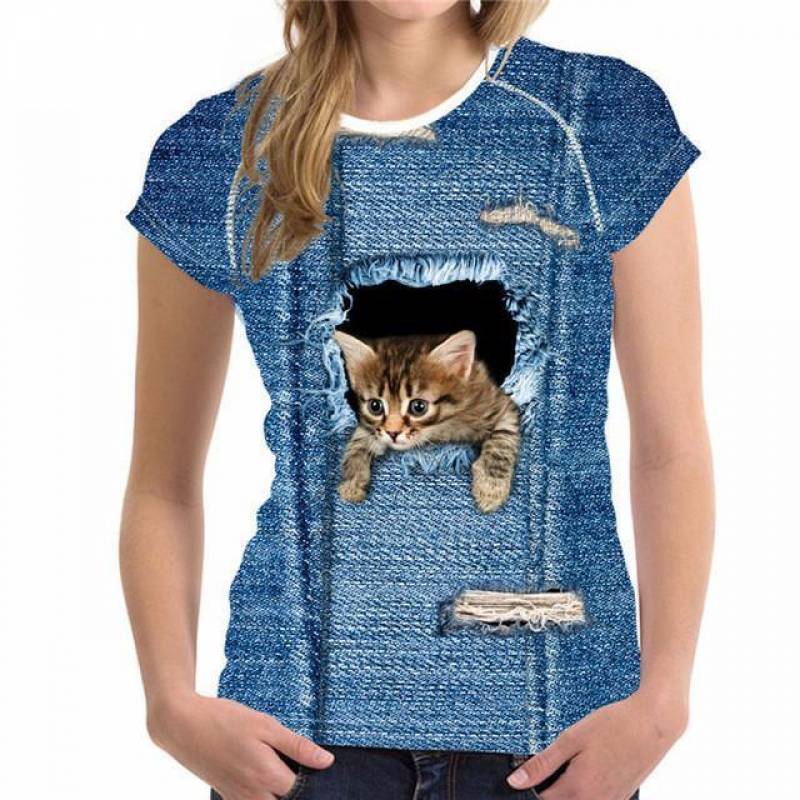 3D Jeans Cat T Shirt Women