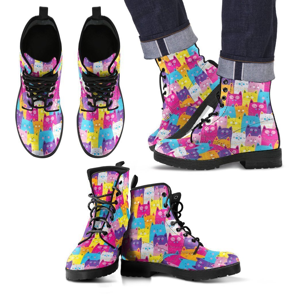 Colorful Kitten Cat Pattern Print Men Women Leather Boots Fashion Boots Custom Shoes