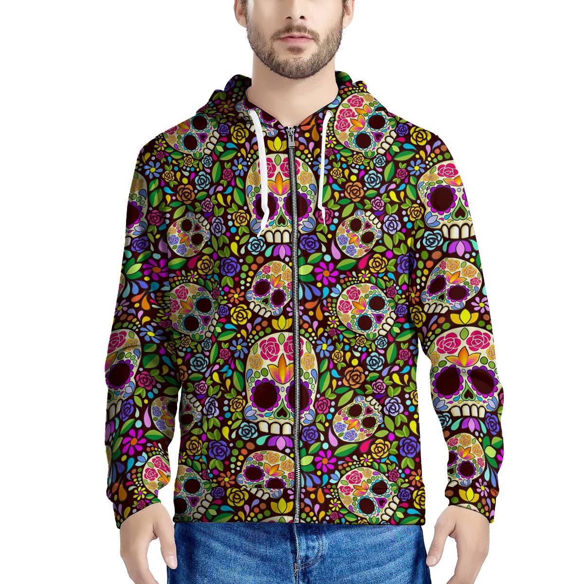 Sugar Skull Mexican Floral Men’S Zip Up Hoodie