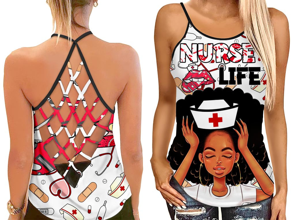 Nurse Life Black Girl Tank Top Shirt Women – Black Queen Nurse Cross Open Back Camisole Tank