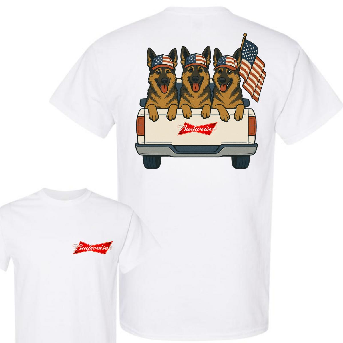 German Shepherd Budweiser Unisex T-Shirt, Dog in Truck 4th Of July Cotton Tee, Patriotic US Flag, America Independence Day, For Men and Women