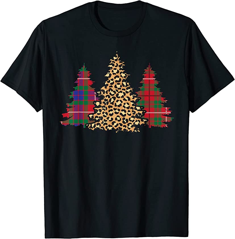 Buffalo Plaid Leopard Pattern Christmas Tree X-Mas Pattern T-Shirt