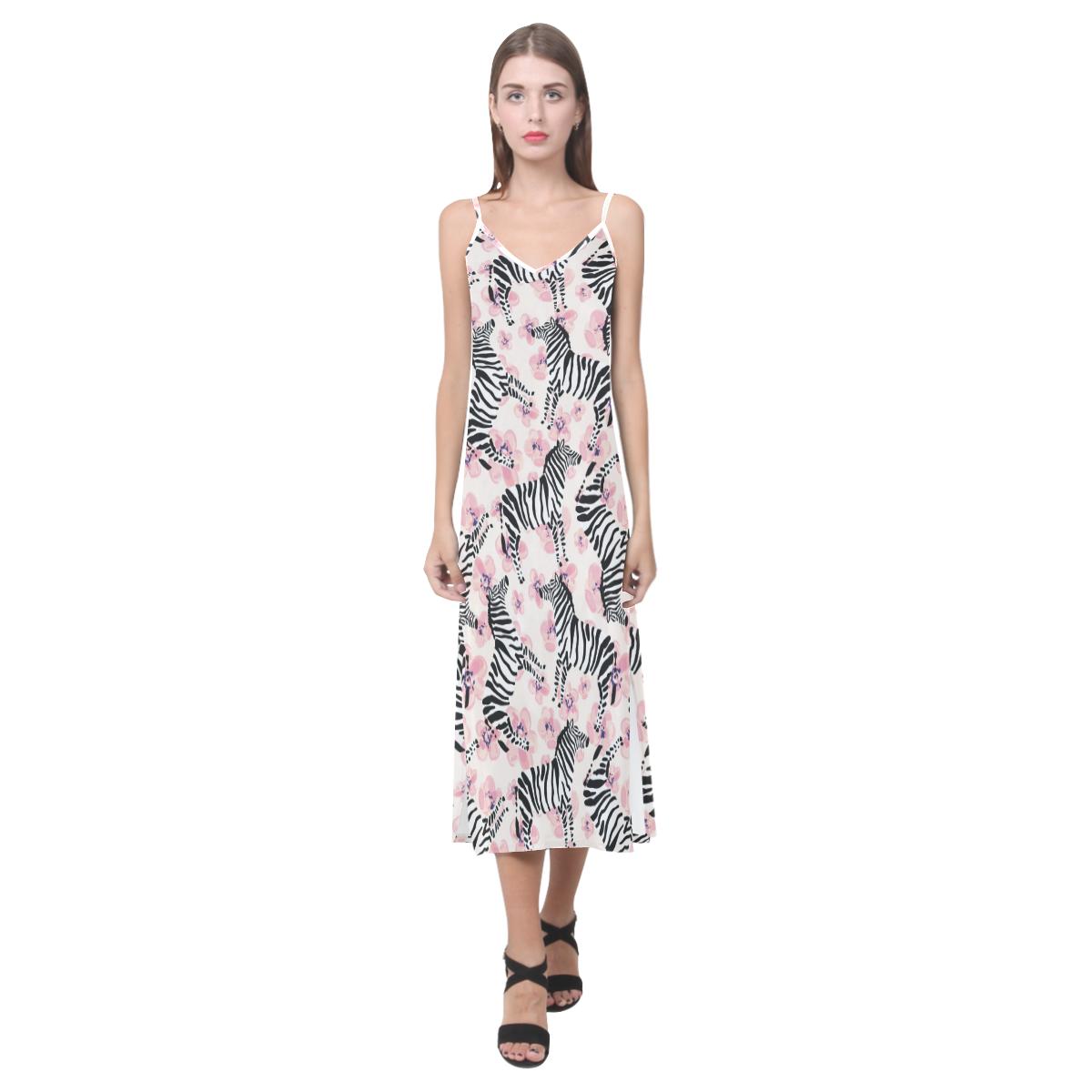 Zebra pink flower background V-Neck Open Fork Long Dress