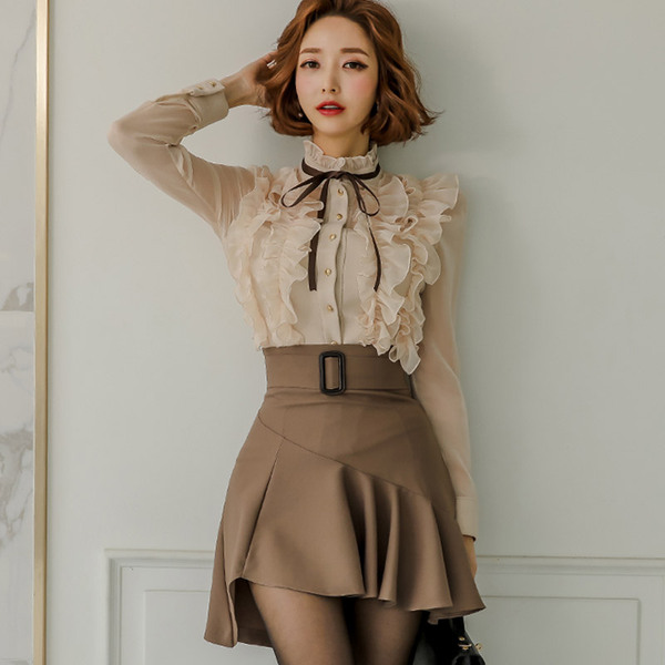 2020 New Autumn Fashion Goddess Sets Women Perspective Ruffles Chiffon Tops + High Waist mini Korean sashes skirt Feminine Suits alx