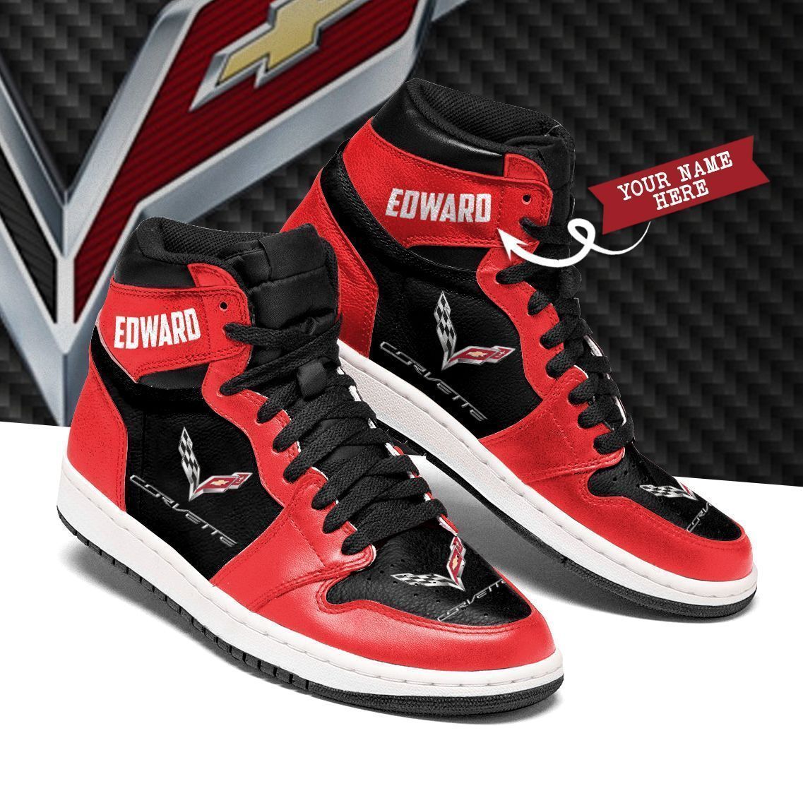 Chevrolet Corvette NTA Custom JD High top Shoes Red & Black Sneakers Jordan Sneakers Sport Air Jordan High Sneakers Sport Sneakers