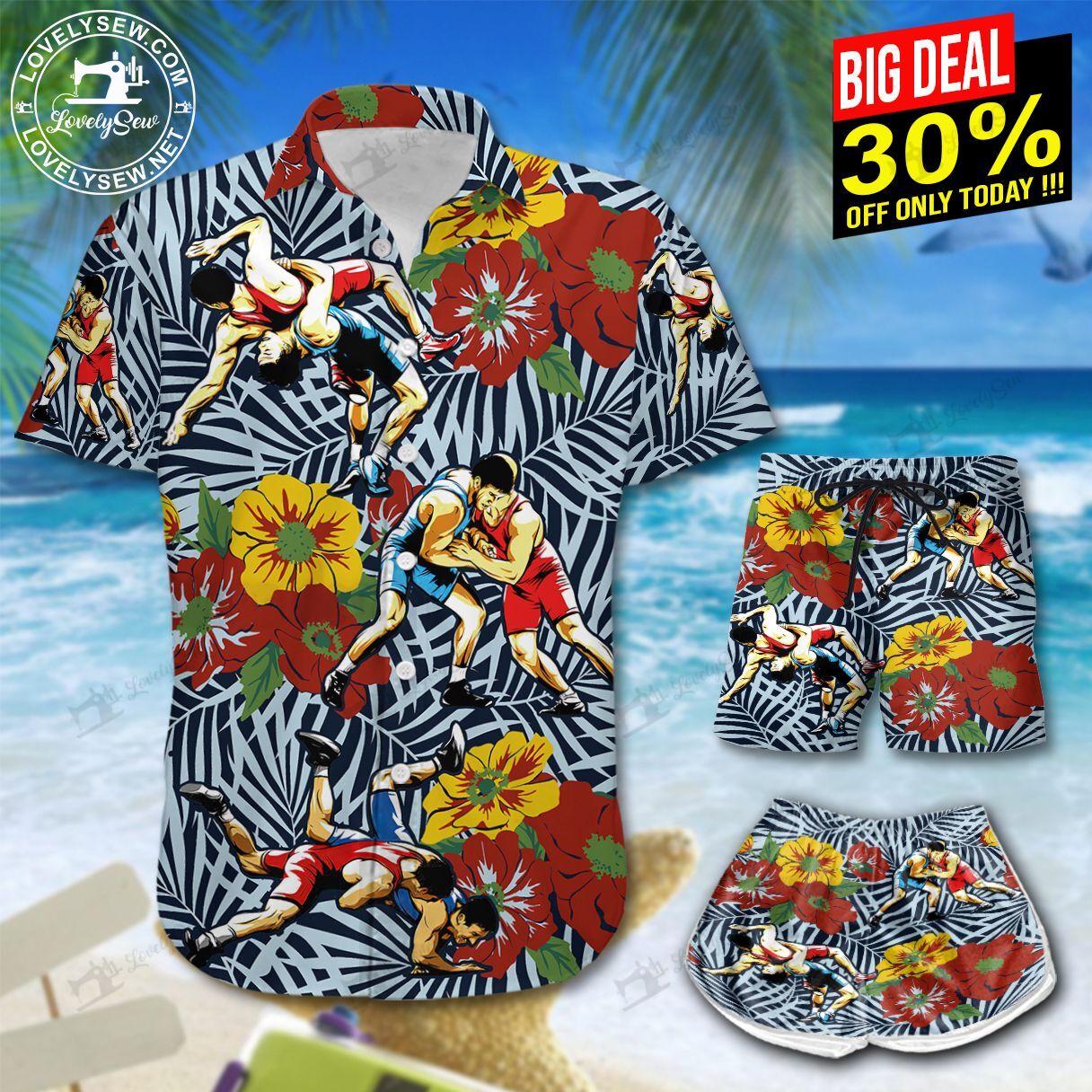 Wrestling Tropical Flower Hawaiian Shirt Shorts Ha87834