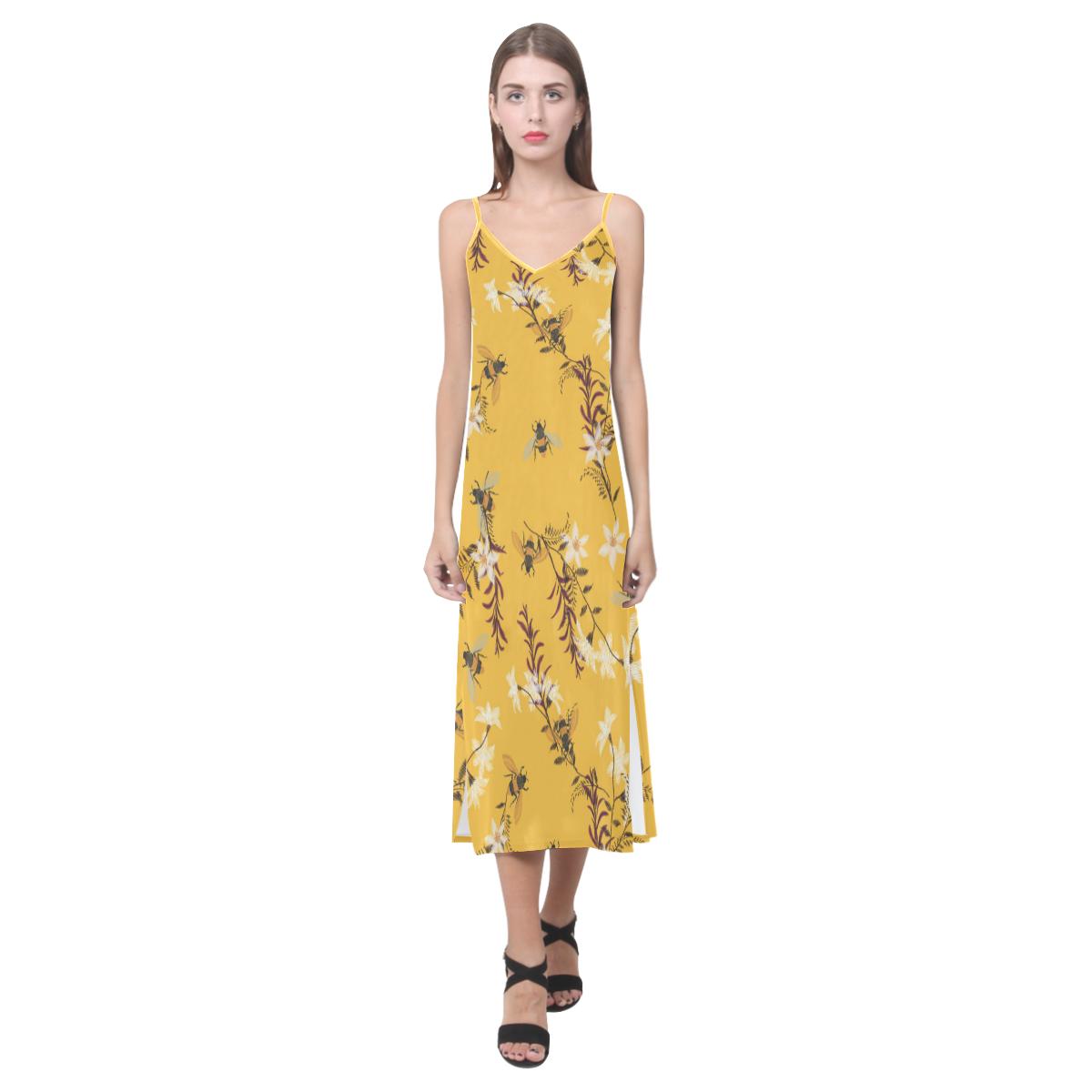 Bee flower pattern V-Neck Open Fork Long Dress