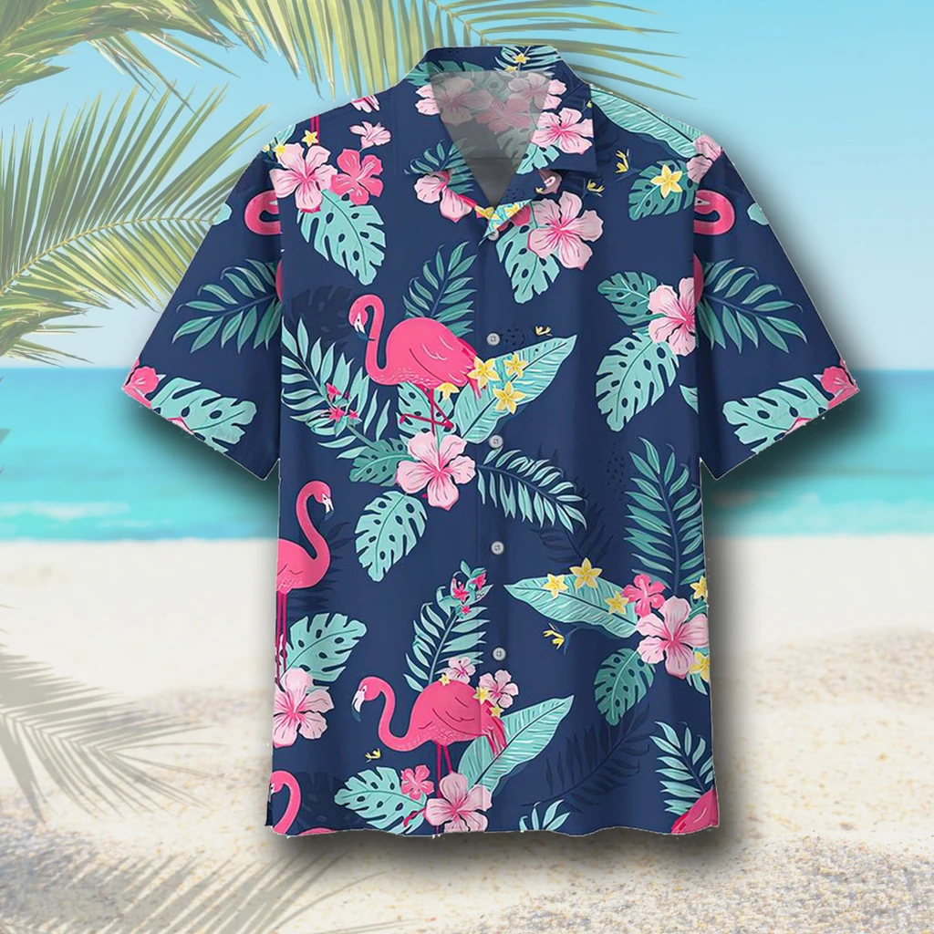 Flamingo Tropical Leaf Print Polyester Hawaii Shirt Ha91939