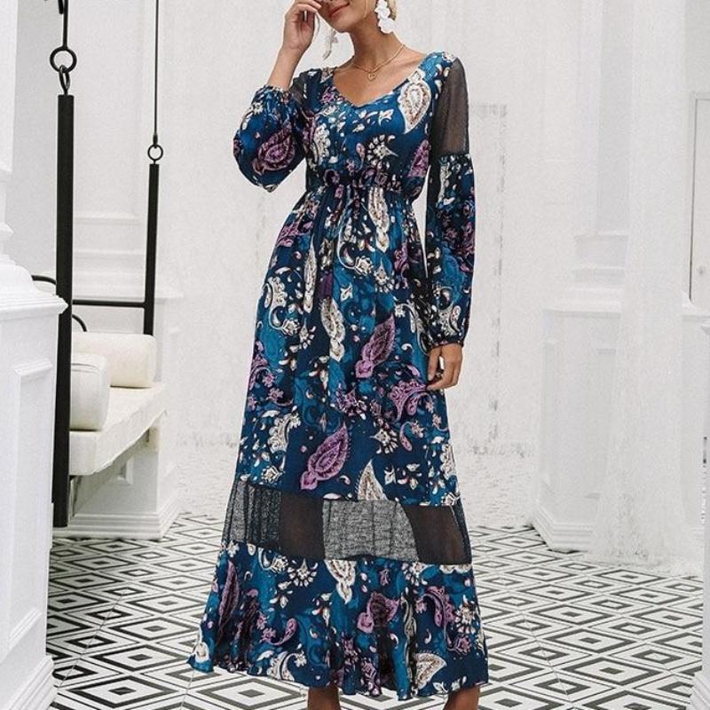 Boho Printed Mesh Hollow Out Long Sleeve High Waist Dress