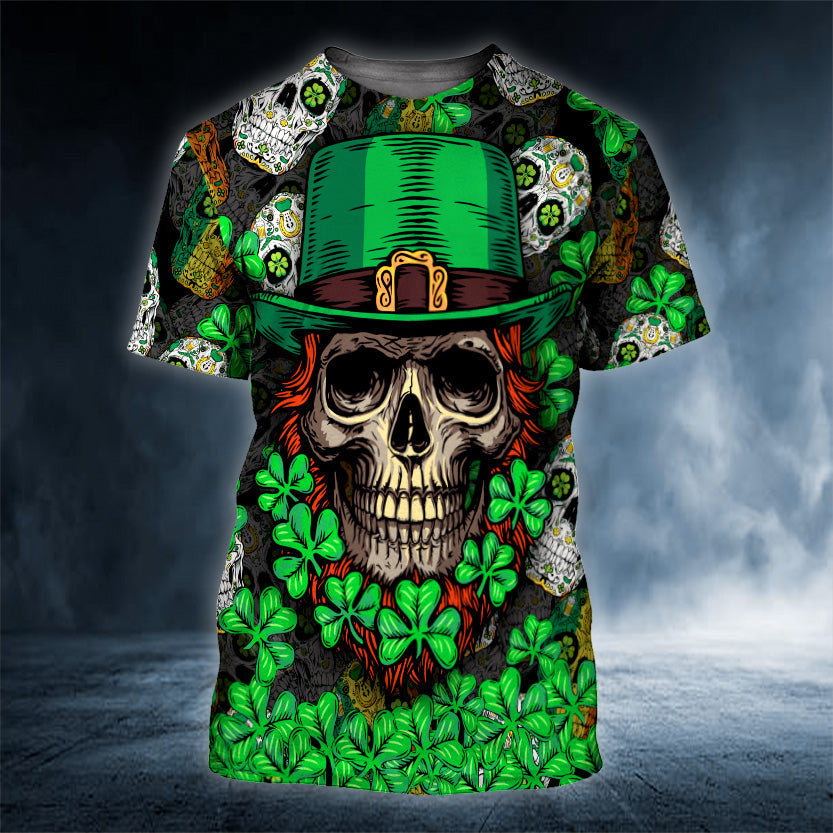 Fluky Saint Patrick’S Day Skull 3D Printed Shirt, Skull Shamrock Shirt, Skull Shirt