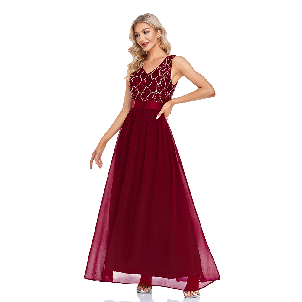 V Neck A line Chiffon Evening Dress Womens Sleeveless Formal Occation Long Dress Sequins Flower Burgundy Robe De Soriee Gowns alx