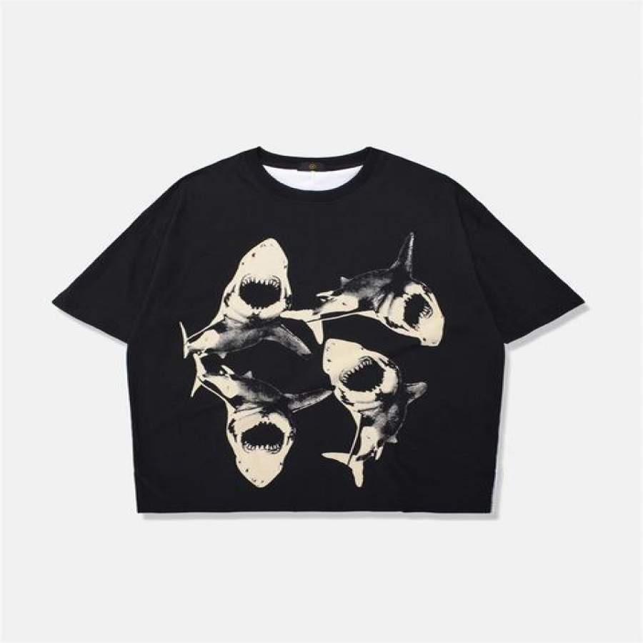 Color Block Shark Print Loose Style Men’s T-shirt Summer Short Sleeved Tee Shirts  T Shirts for Men