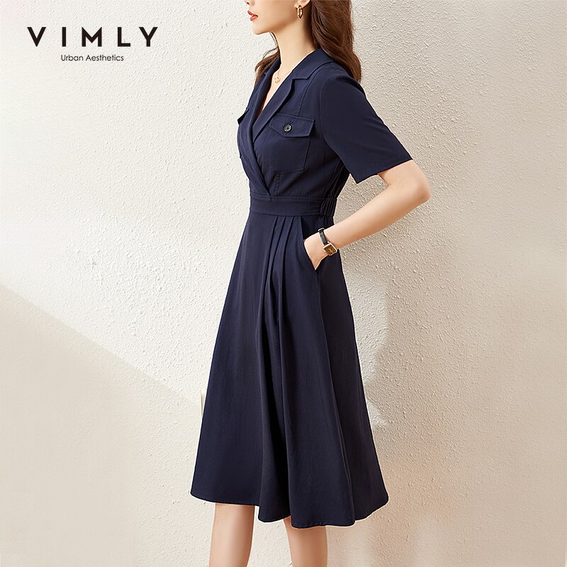 VIMLY Summer Dress For Women Elegant Blazer Dresses Vintage A Line Short Sleeve Maxi Dress Office Lady Sundress Vestidos F7610 alx