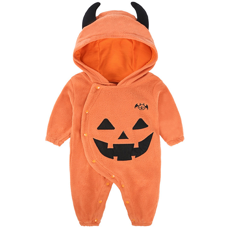 Baby Halloween Costume Boy Girl Romper Autumn Winter Pumpkin Bat Clothes for Infant Toddler Orange Hood Fleece Overall 3-24M alx