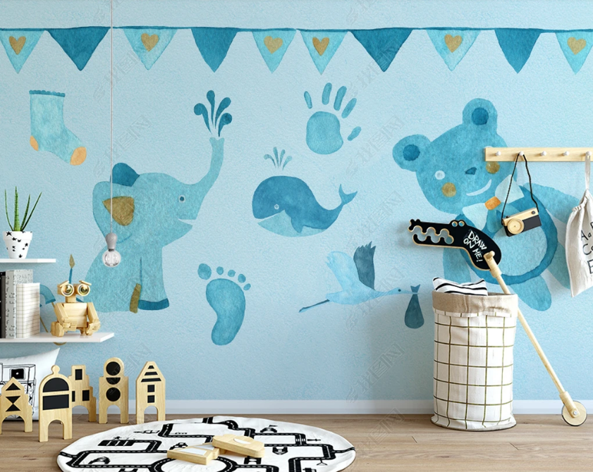 3D Cartoon Blue Animal Elephant Wall Mural Wallpaper Lqh 105