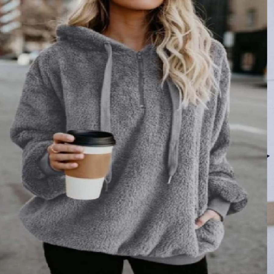 Women cheap Teddy Hoodie Fluffy Drawstring Solid Color