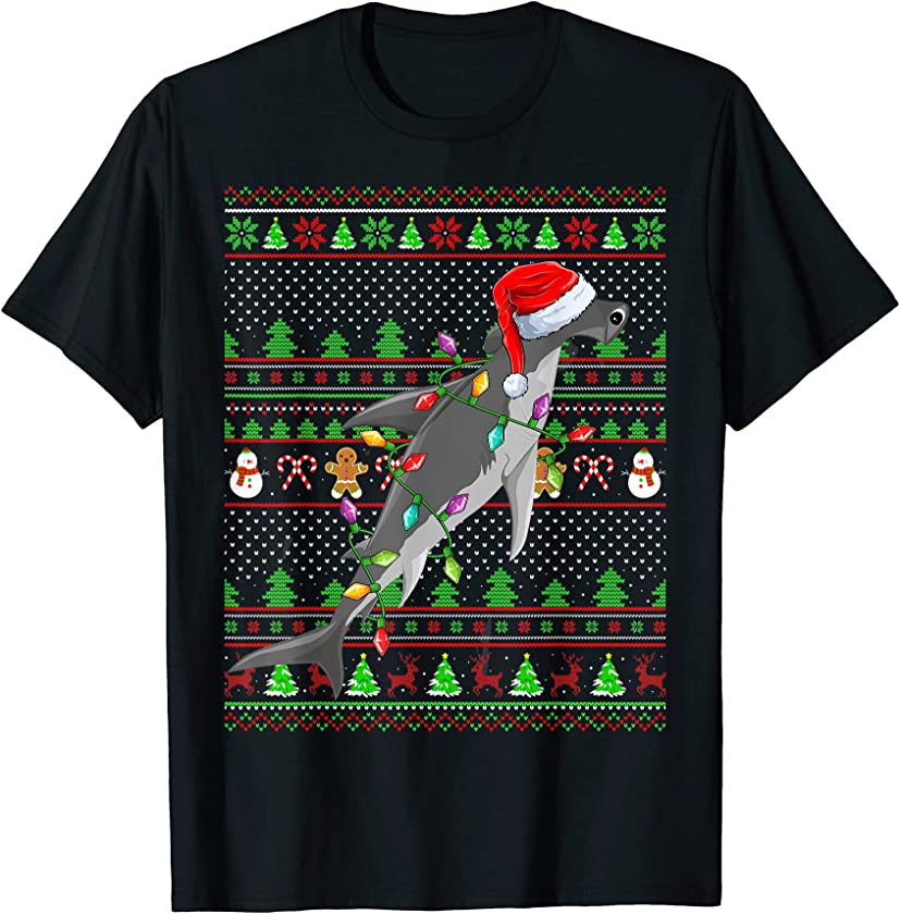 Ugly Xmas Sweater Style Lighting Hammerhead Shark Christmas T-Shirt