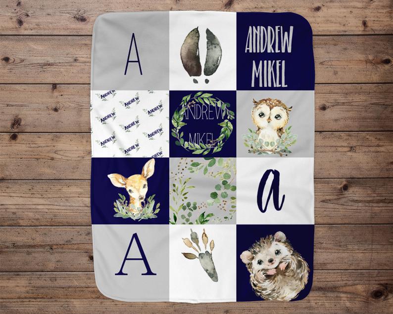 Woodland Baby Blanket Gift, Personalized Baby Blanket, Name Baby Blanket, Baby Boy Gift, Forest Animals Boy Blanket