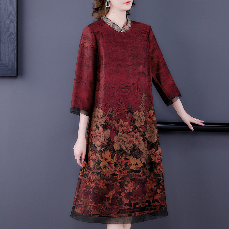 Women Red Floral Natural Silk Casual Midi Dress 2022 Korean Vintage 5XL Dress Spring Autumn Elegant Bodycon Evening Vestidos alx