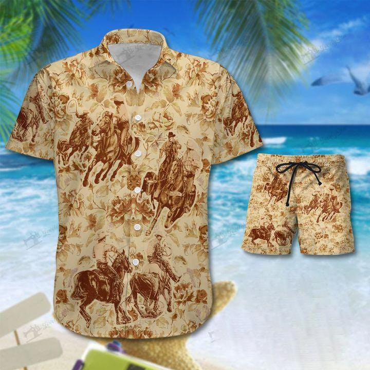 Team Roping Vintage Flower Unisex Hawaii Shirts Beach Shorts Kv Ha53222