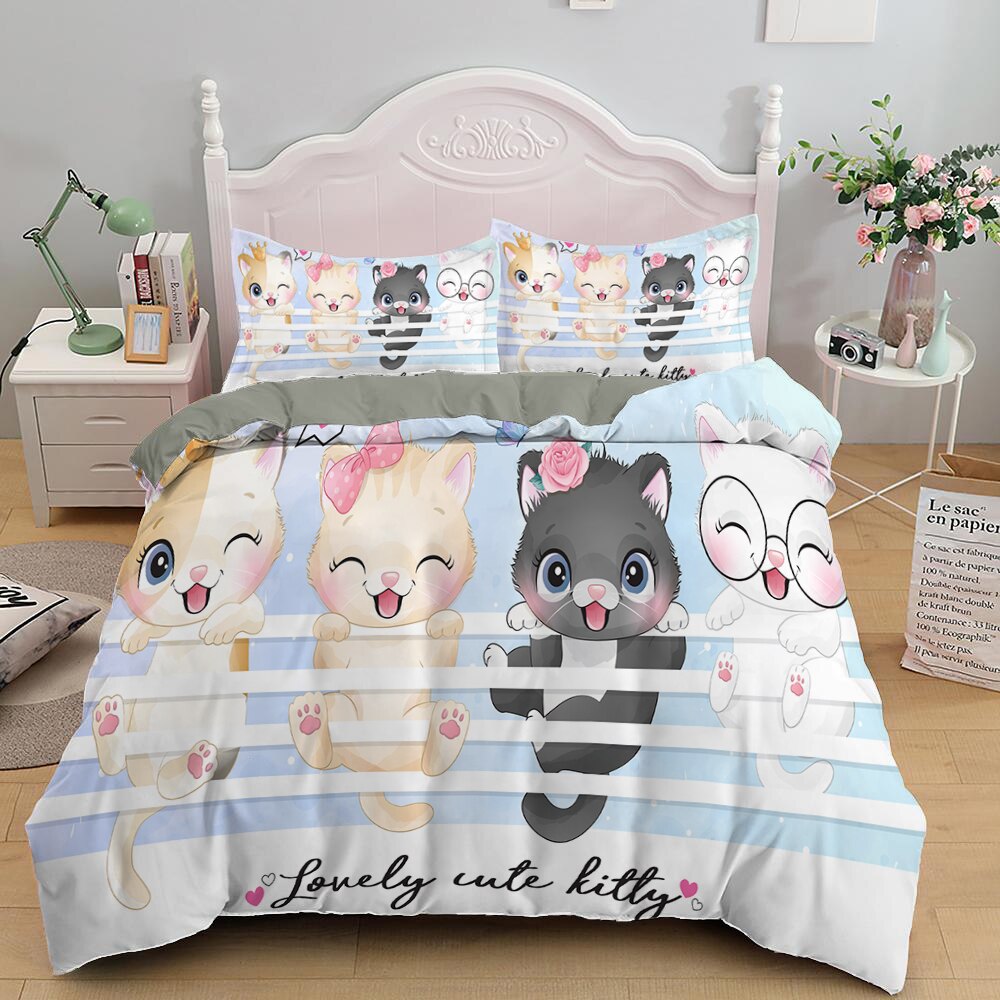 Cartoon Kitten Printed Bedding Set Cute Pet Cats Duvet Cover Set For Girl Twin Full King Double Sizes Pillowcase Home Bedclothes