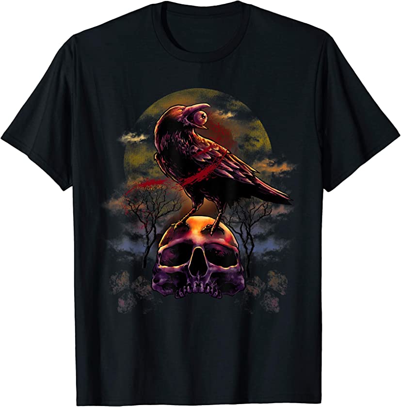 Vintage Spooky Raven Crow and Skull Gothic T-Shirt