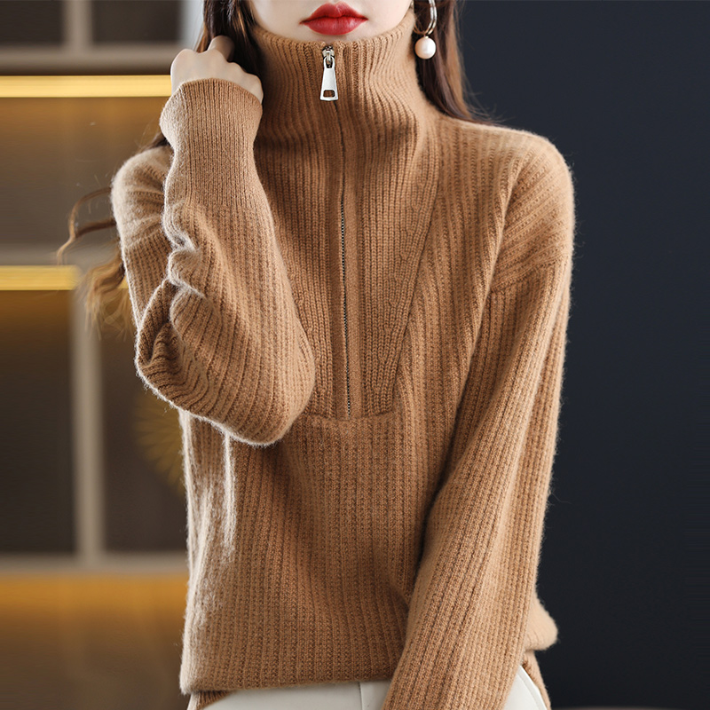 Autumn And Winter New High-Neck Zipper Pullover Knitted Women’s Long-Sleeved Solid Color Korean Version Of The Pure Wool Sweater alx