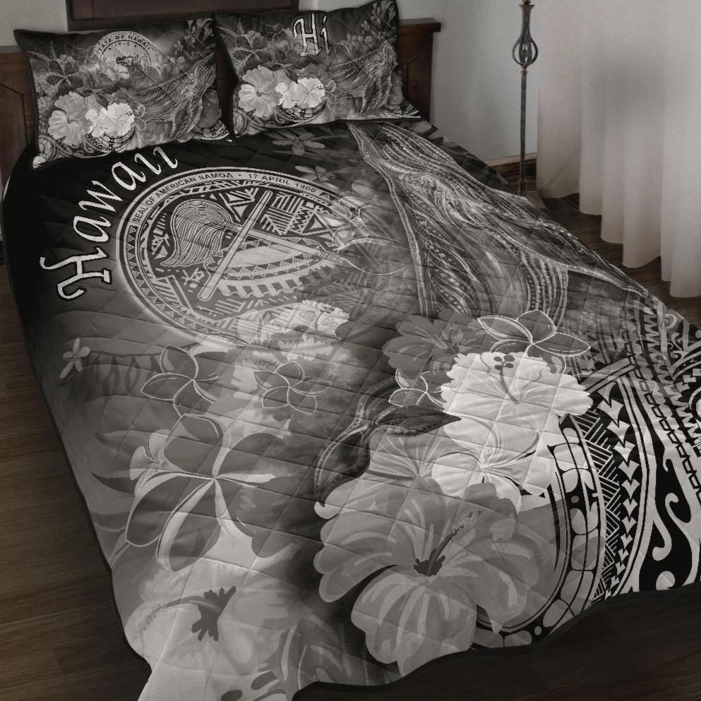 Alohawaii Home Set – Quilt Bed Set Polynesian Hawaii – Humpback Whale With Tropical Flowers (White)- Bn18