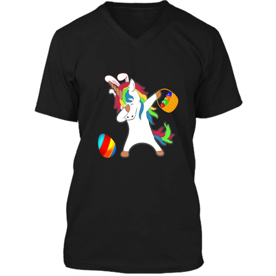 Easter Bunny Dabbing Unicorn Tshirt Easter Egg Basket Tee Mens Printed V-Neck T