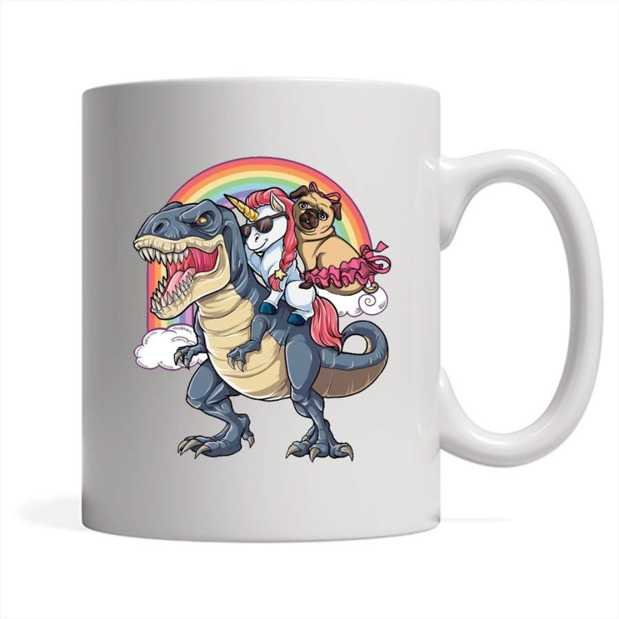 Unicorn and Pit Pug Dog Riding Dinosaur Rainbow – Full-Wrap Coffee White Mug