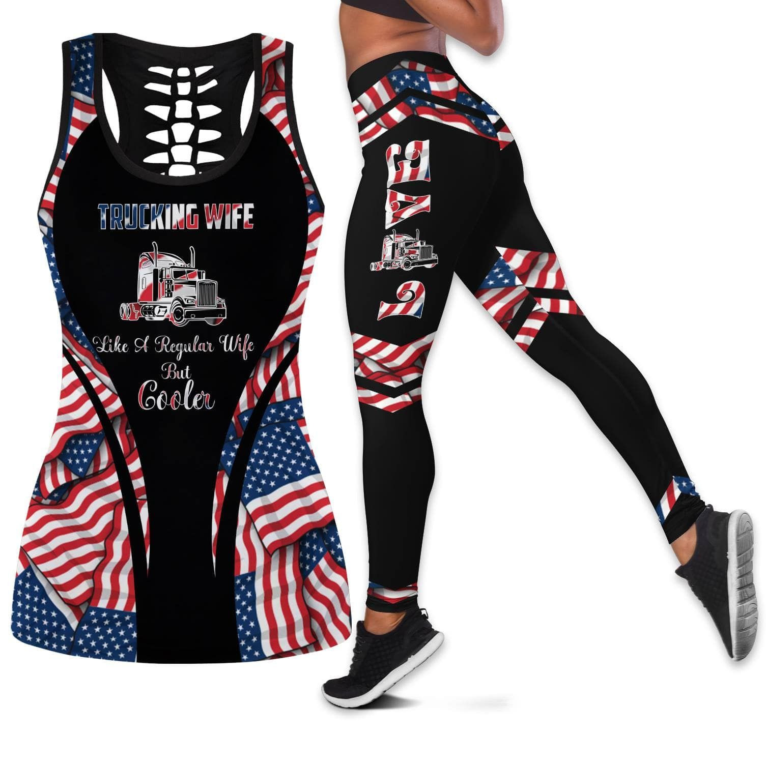 Trucker Wife American Flag Black Hollow Tank Top – Legging 3D All Over Print