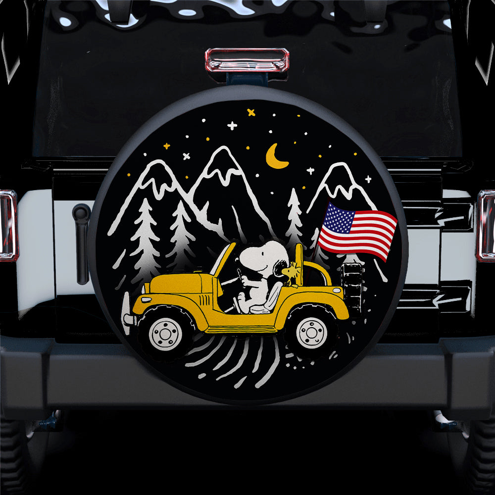 Snoopy Yellow Jeep Us Flag Mountain Car Spare Tire Covers Gift For Campers