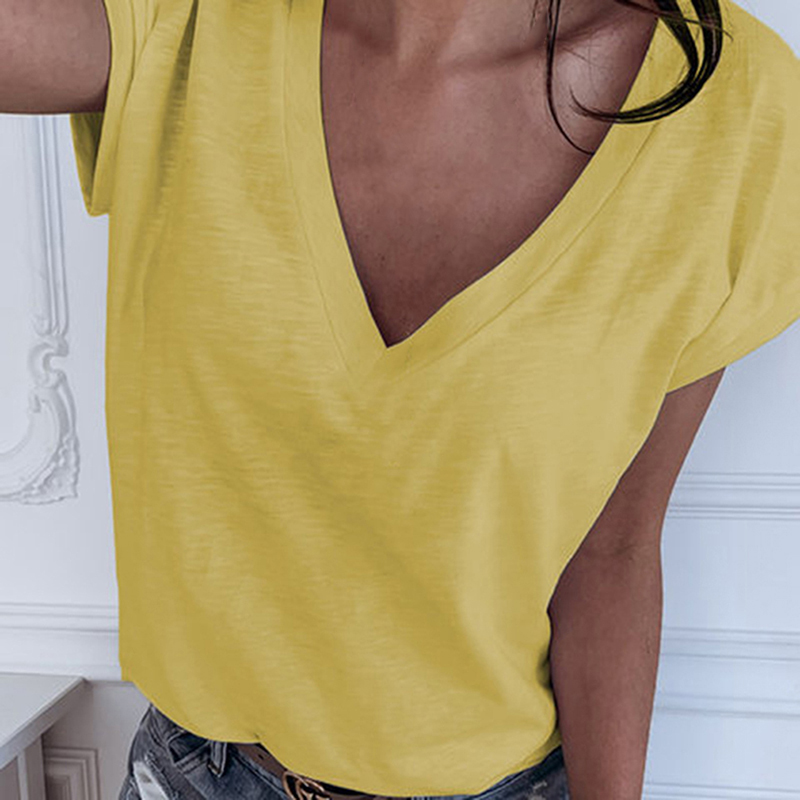 2022 Summer T-Shirt Women High Quality V-Neck Cotton Basic Plain Simple T Shirt For Women Short Sleeve Female Tops 4 Candy Color alx