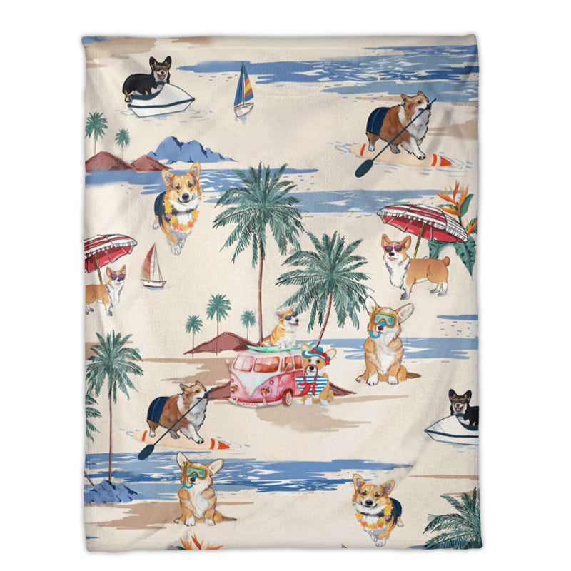 Corgi Beach Fleece Blanket, Corgi Dog Blanket, Summer Beach Blanket, Dog Beach Blanket, Dog Blanket, Dog Lovers Blanket, Throw Blanket, Fleece Fabric