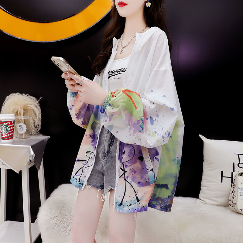 2022 Summer New Women’s Clothing Korean Thin Printed Hooded Cardigan Fashion Streetwear Loose Zipper Long Sleeve Female Jackets alx