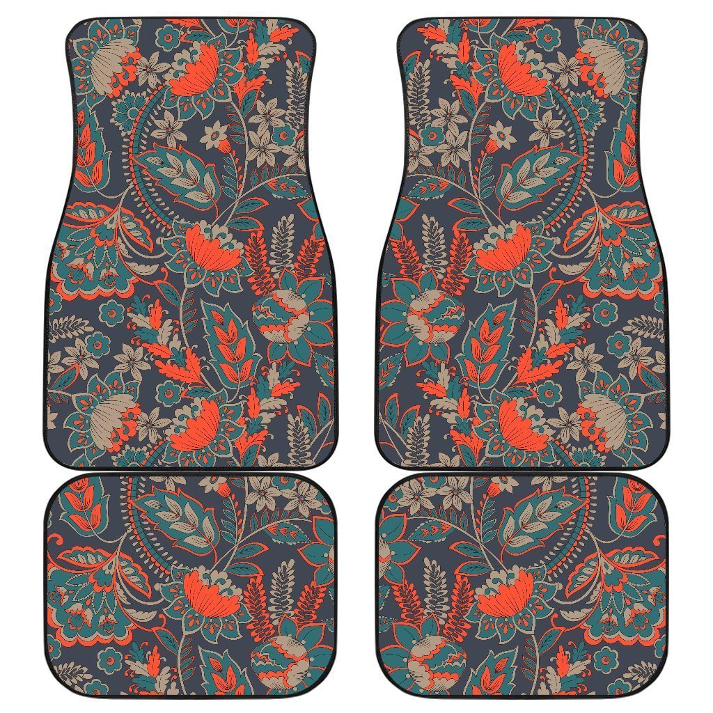 Retro Vintage Bohemian Floral Print Front And Back Car Floor Mats, Front Car Mat