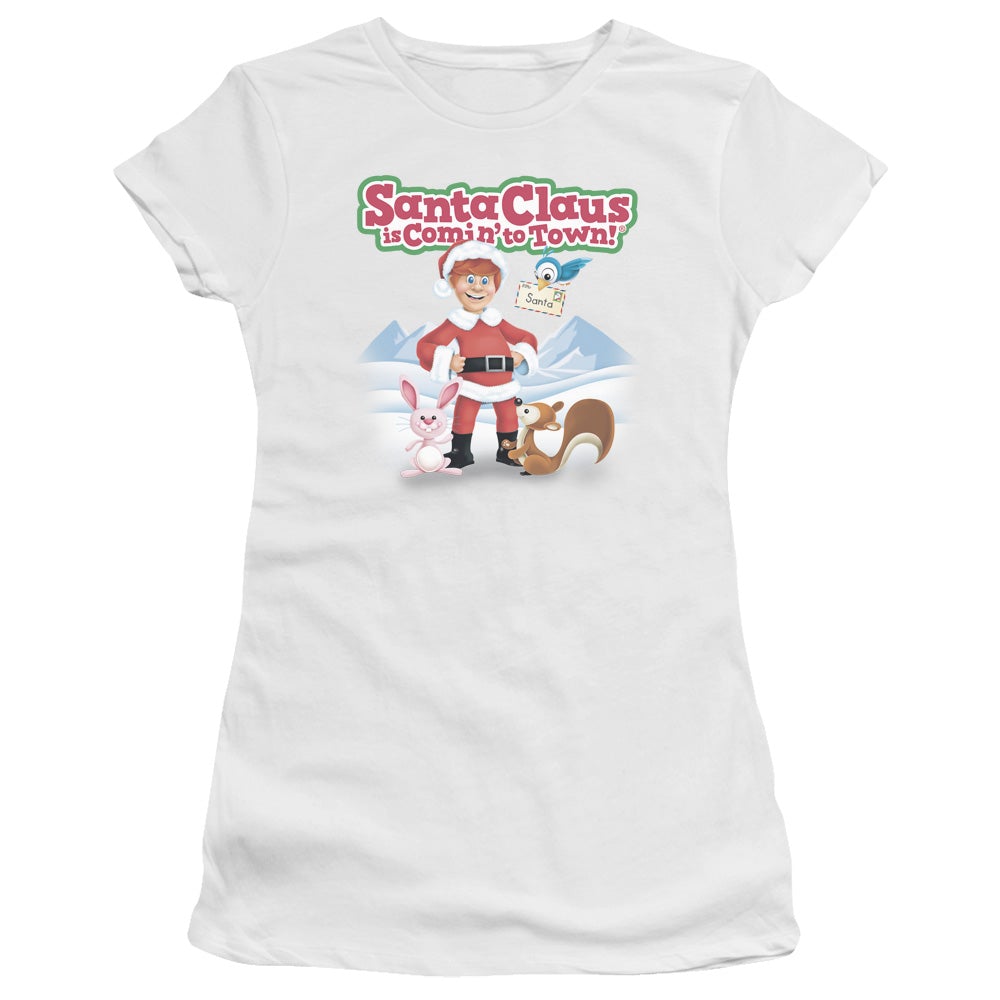 Santa Claus Is Comin To Town Animal Friends Junior Sheer Cap Sleeve Womens T Shirt White