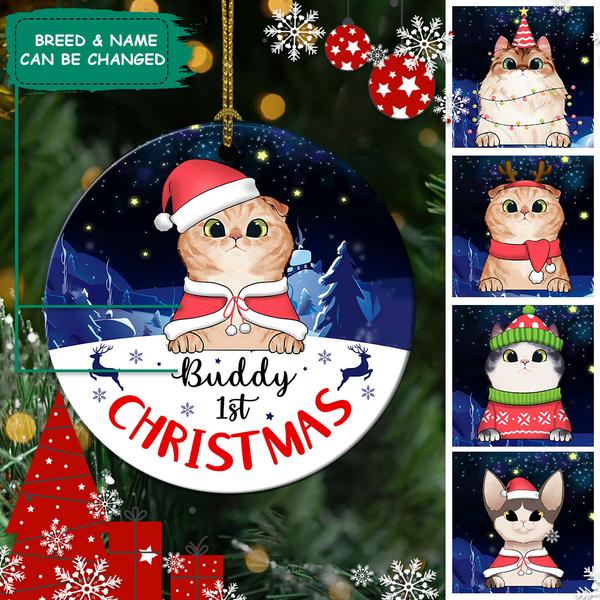 Cat First Christmas – Cat With Santa Hat Circle Ceramic Ornament – Personalized Decorative Christmas Ornament