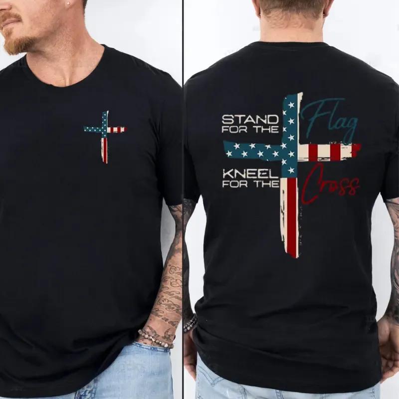 Stand For The Flag Kneel For The Cross 4th Of July 2 Sided T-Shirt, Graphic Tees for Women Cotton Fabric Casual Crew Neck Short Sleeve T-Shirt Trendy Tops