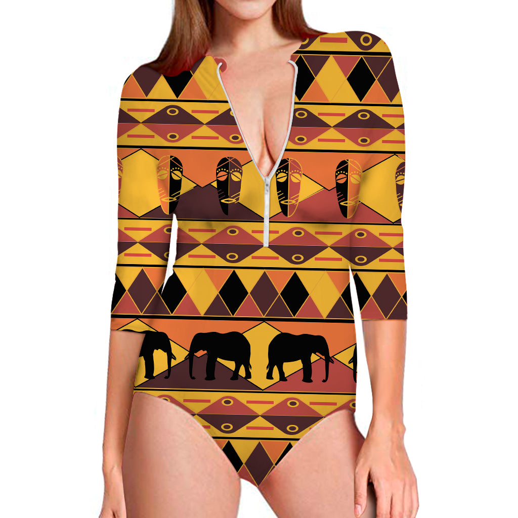 Sunset African Tribal Pattern Print Long Sleeve One Piece Swimsuit