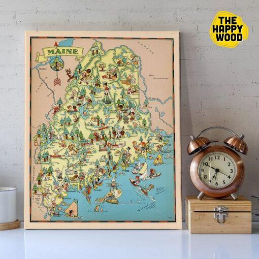 Vintage Maine Map Custom Vertical Canvas Poster For Home Decoration