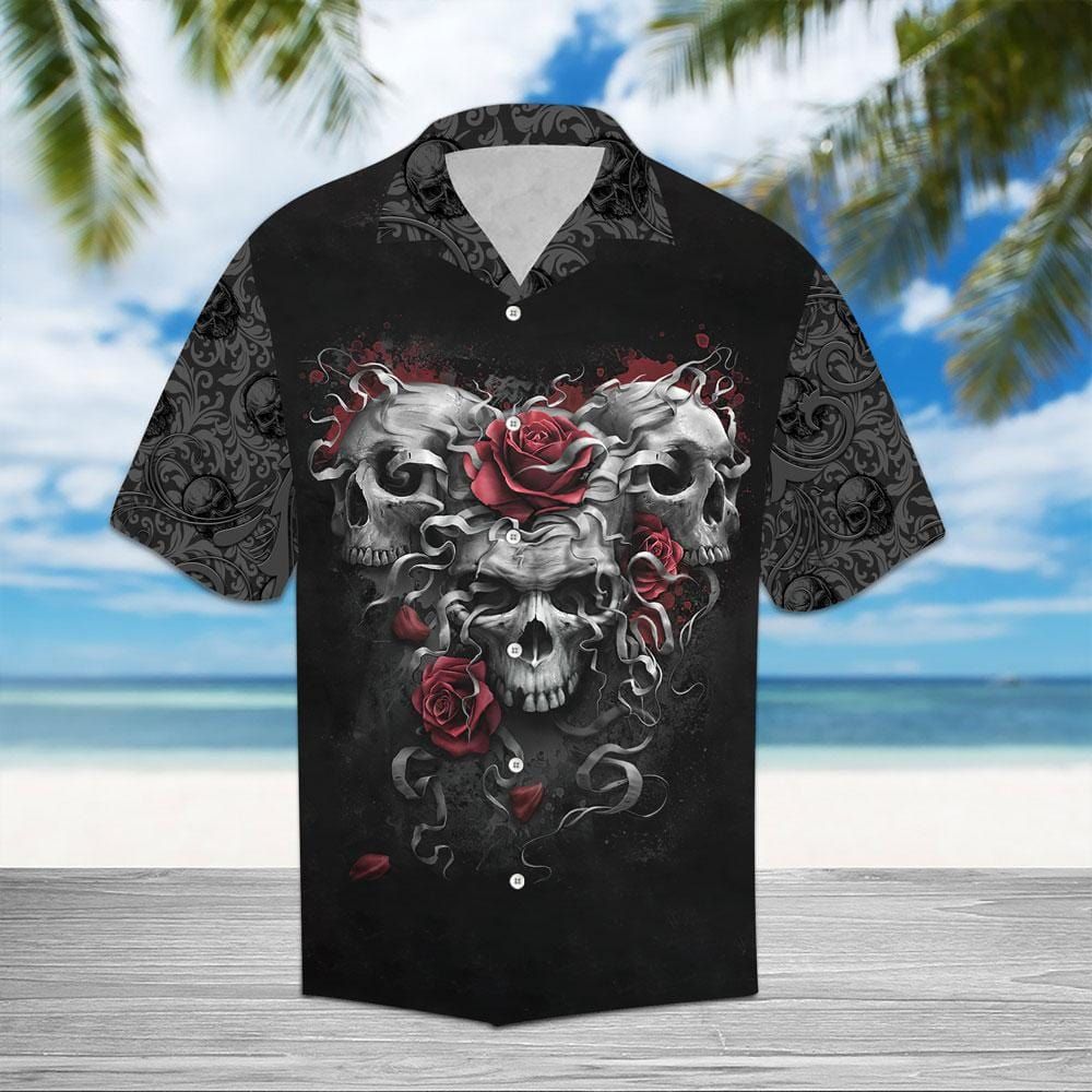 Scary Trio Skull Red Roses Hawaii Aloha Shirts Dh Ha41686