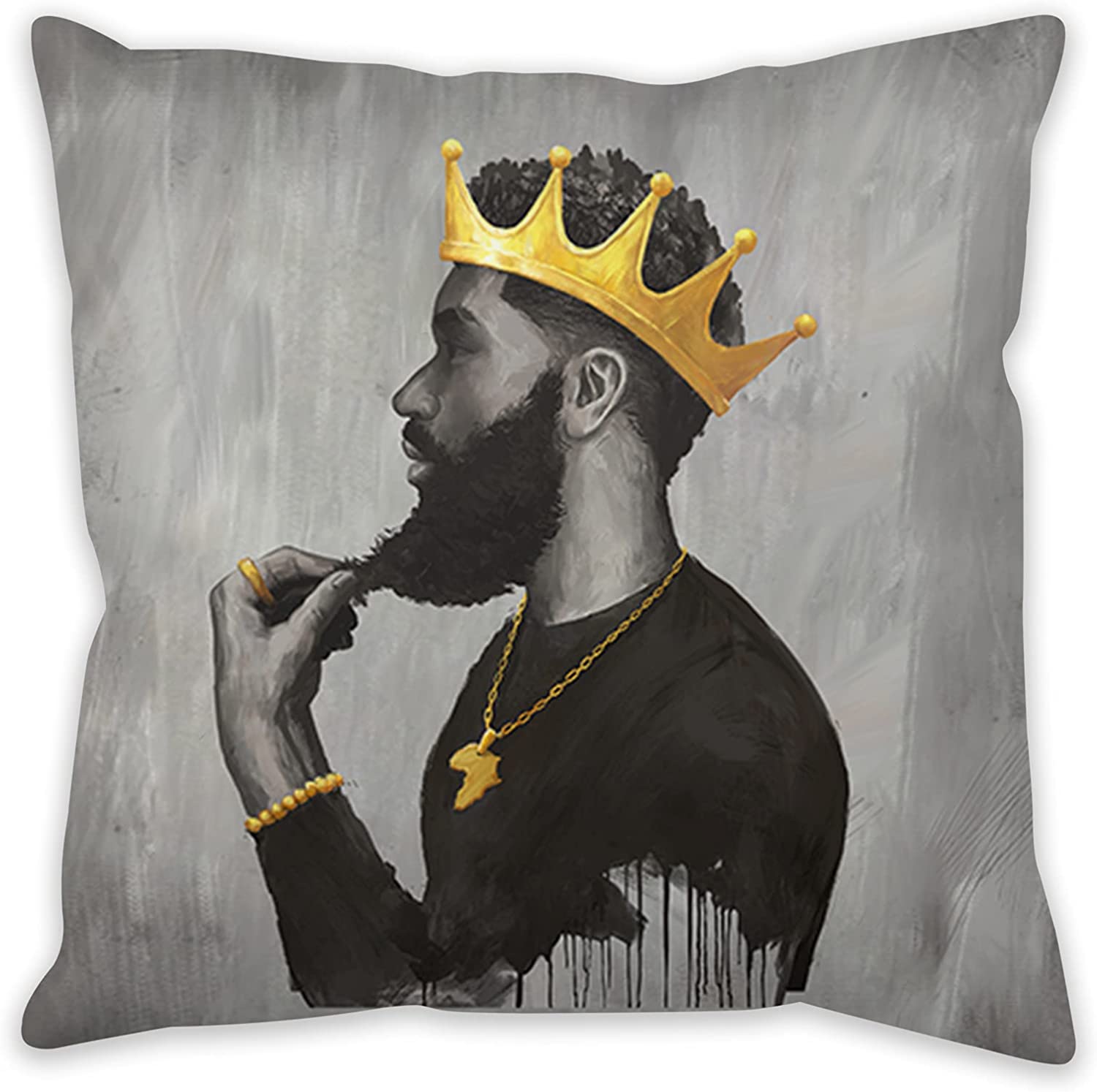 Black King Throw Pillow Covers For Man, African American Man Wear Gold Crown Pillowcase, African Black Proud Man Spirit Pillow Cases