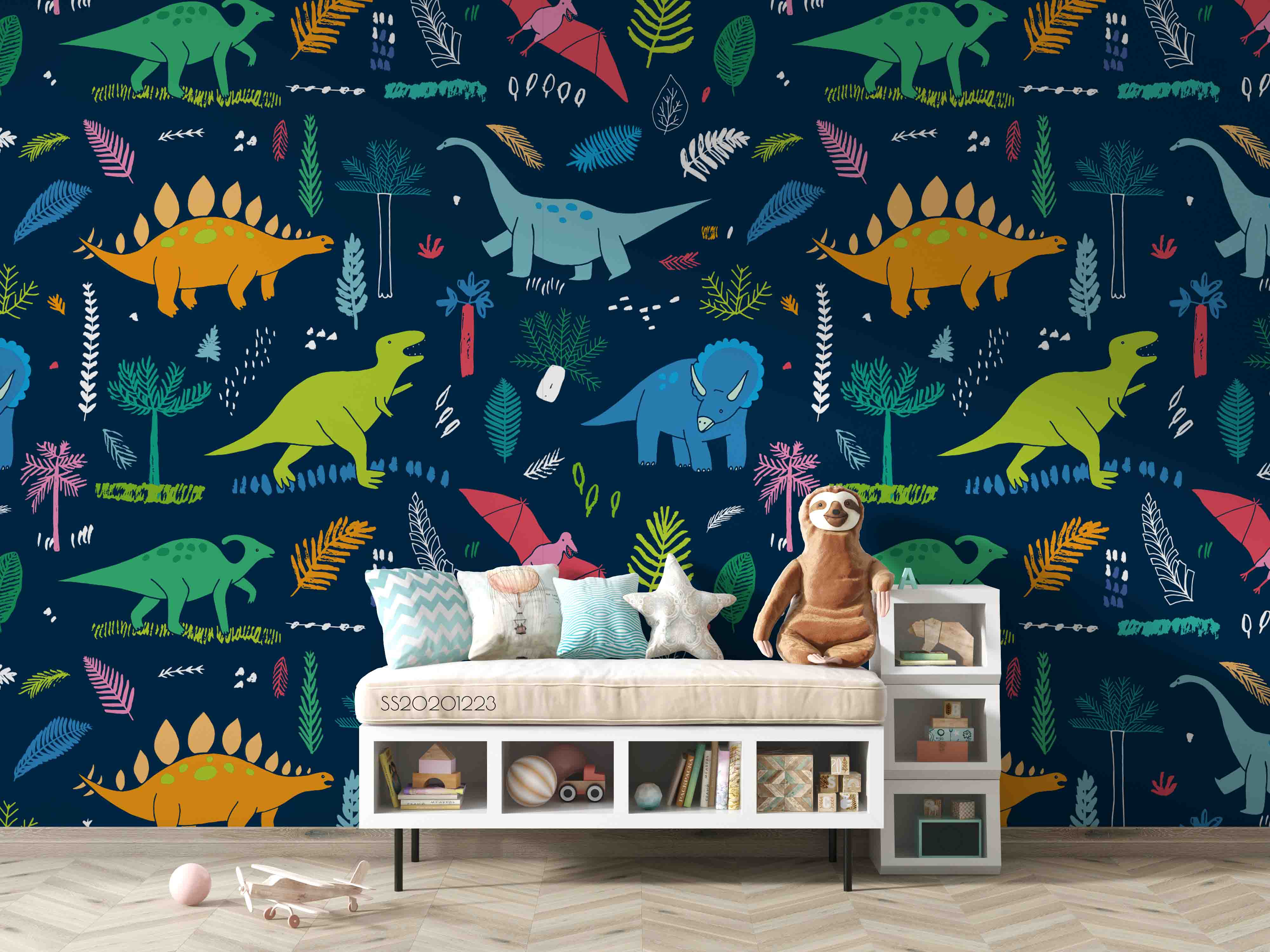 3D Hand Drawn Animal Dinosaur Coconut Tree Wall Mural Wallpaper Lqh 57