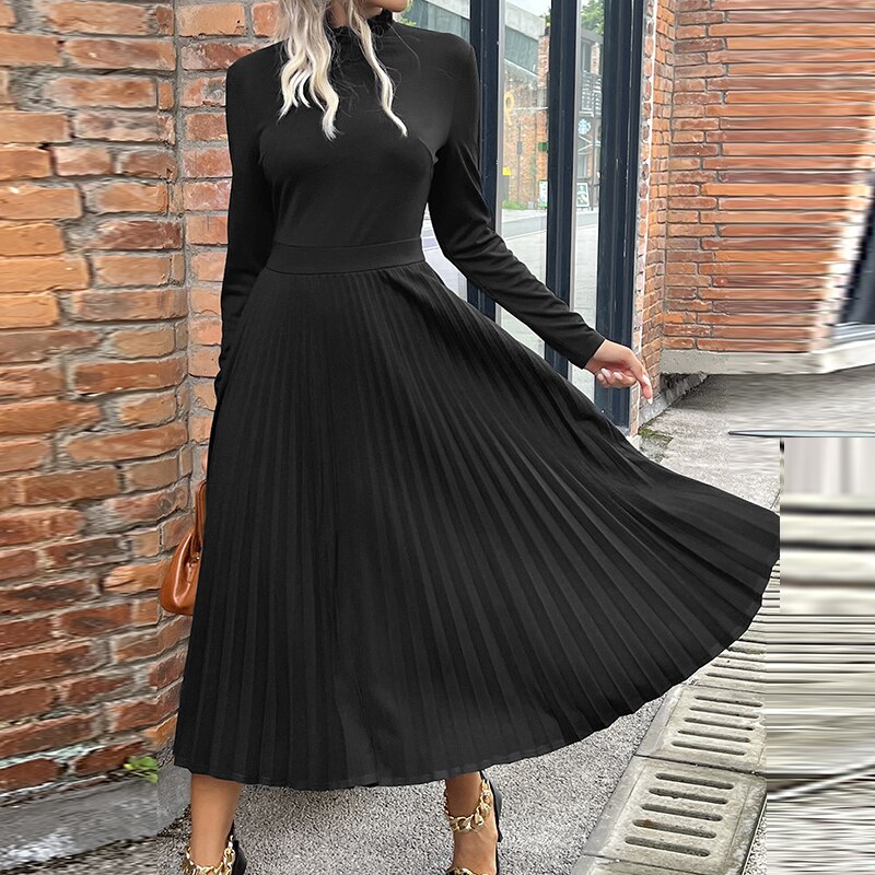 Spring Autumn Women Dresses Solid Color Long Sleeve Half High Collar Waisted A-Line Fashion Party Commute Office Lady Dresses alx