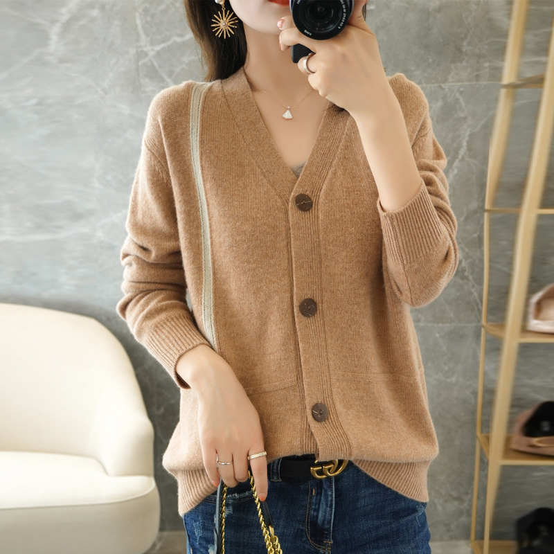 21 Spring Autumn New Pure Wool Cardigan Women’s Knitwear Big Button V-neck Color-Blocking Long Sleeve All-Match Jacket Loose Top alx