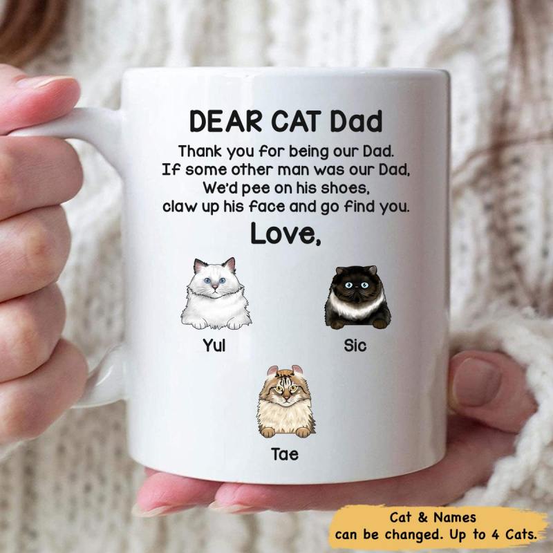 Dear Cat Dad Peeking Fluffy Cat Personalized Coffee Mug For Cat Lovers