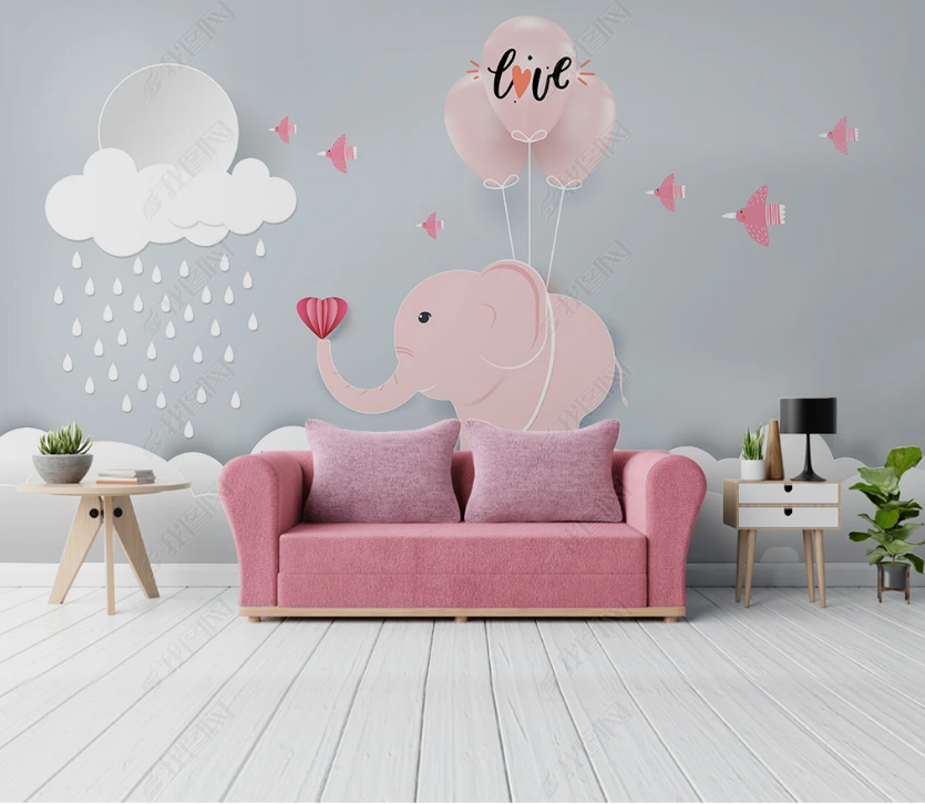 3D Cartoon Cloud Balloon Animal Elephant Wall Mural Wallpaper Lqh 349