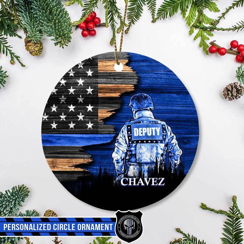 Half Flag Deputy Sheriff Suit Thin Blue Line Christmas Ornament